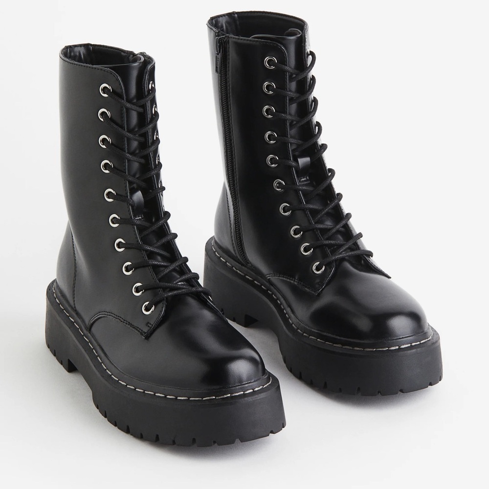 H&M Black Lace Up Chunky Sole Combat Boots